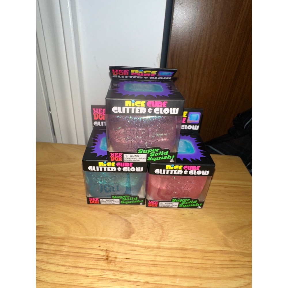 NeeDoh Nice Cube Glitter and Glow Stress Toy Set of 3 Purple Blue Pink Schylling